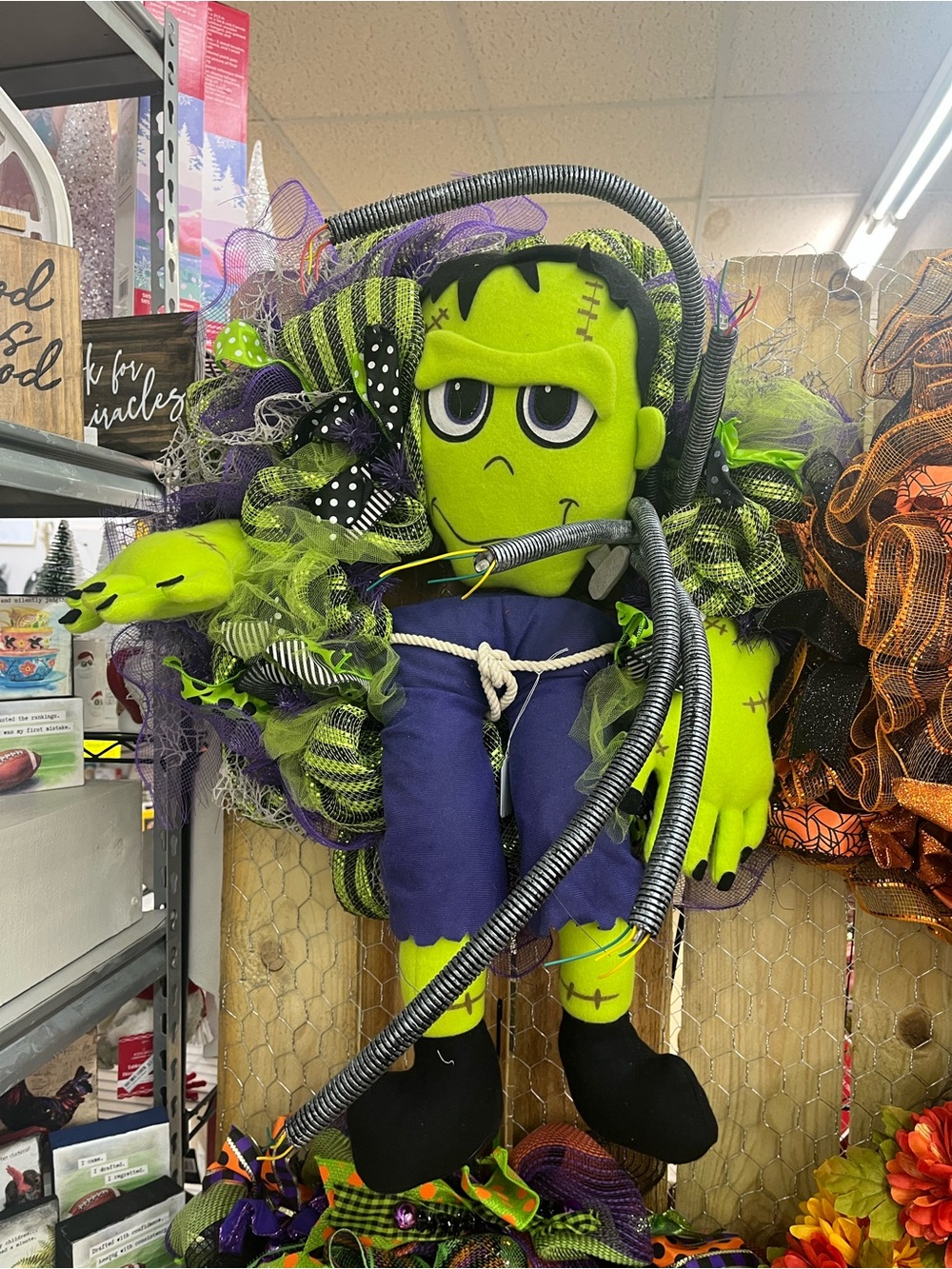 Plush Frankenstein Halloween Wreath Decor - Green & Purple
